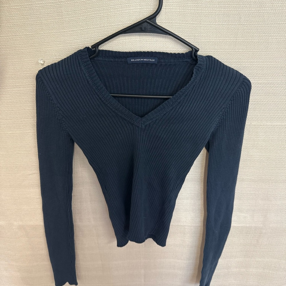 Brandy Melville Navy V-Neck Ribbed Blouse